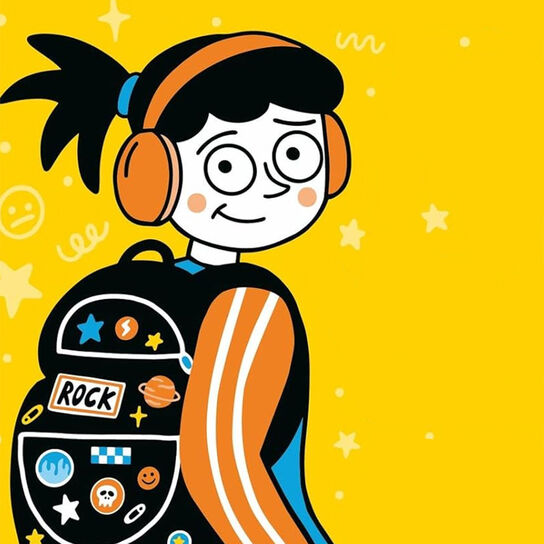 An illustration of a child wearing a backpack and headphones, smiling slightly as they look back at us, from the front cover of Finding My Voice