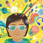 An illustration from the front cover of Wonderfully Wired Brains of a child wearing sunglasses surrounded by items and symbols including a lightning bulb, doodles, a butterfly, a basketball, headphones and more