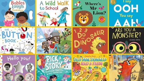 The front covers of Babies Laugh at Peekaboo, A Wild Walk to School, Where's Mr Lion, I Say Ooh You Say Aah, The Button Book, We're Going to Find the Monster, 123 Do the Dinosaur, Are You A Monster, Hello You, Pick a Story, Old Macdonald Had a Farm, and The Artist