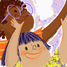 An illustration of two children with their arms in the air smiling, from the front cover of One Little Word
