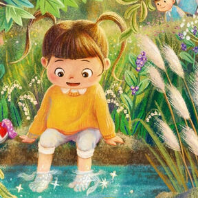 An illustration of a girl smiling while sitting on a bank and dipping her feet into sparkling water, from the front cover of The Girl Who Became a Fish