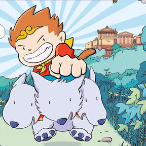 An illustration of a child thrusting their fist forward while riding on the back of a three-headed wolf, from the front cover of Monkey King and the World of Myths: The Monster and the Maze