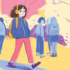 An illustration of a child smiling and walking, wearing headphones, with groups of children whispering and looking over in the background, from the front cover of Cross My Heart and Never Lie