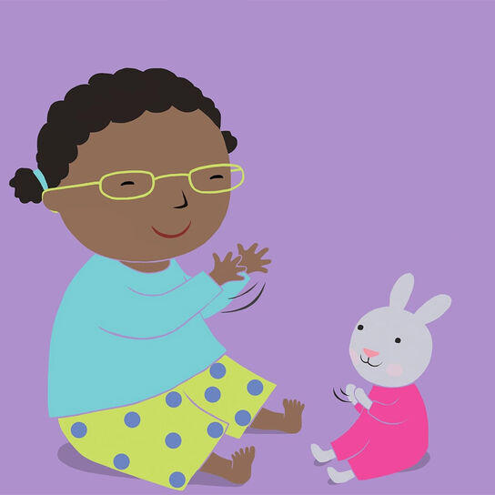 An illustration of a child and a rabbit happily clapping their hands together from the front cover of If You're Happy And You Know It