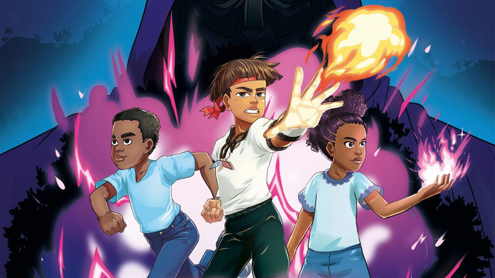 An illustration from the front cover of Spirit Warriors featuring three children looking determined - one is producing flames from their hand while another has purple flames emerging from their palm; a shadowy figure looms in the background