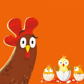 An illustration of a chicken looking surprised and three hatching eggs from the front cover of Cluck Cluck Duck