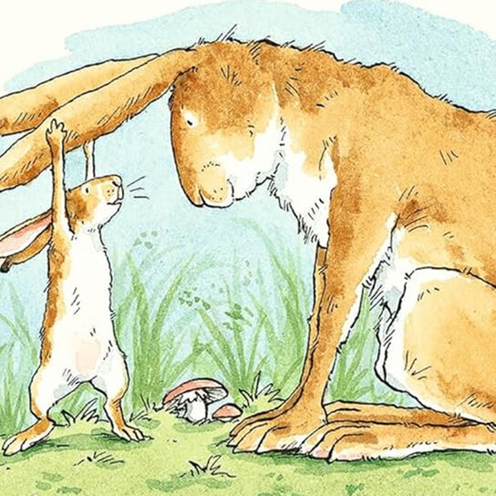An illustration from the front cover of Guess How Much I Love You - a young rabbit smiling and pulling on a smiling older rabbit's ears