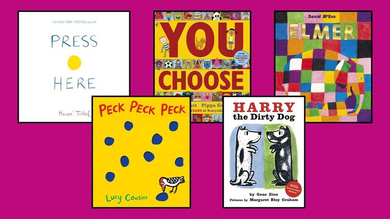 The front covers of Press Here, Peck Peck Peck, You Choose, Harry the Dirty Dog, and Elmer
