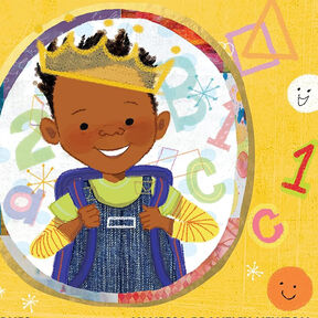 An illustration from the front cover of King of the Classroom - a child smiling and wearing a backpack and crown