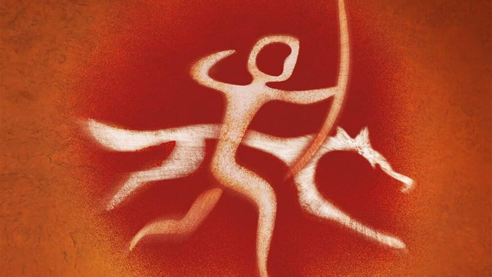 An illustration from the front cover of Wolf Brother - a cave painting style graphic of a figure with a bow running alongside a wolf