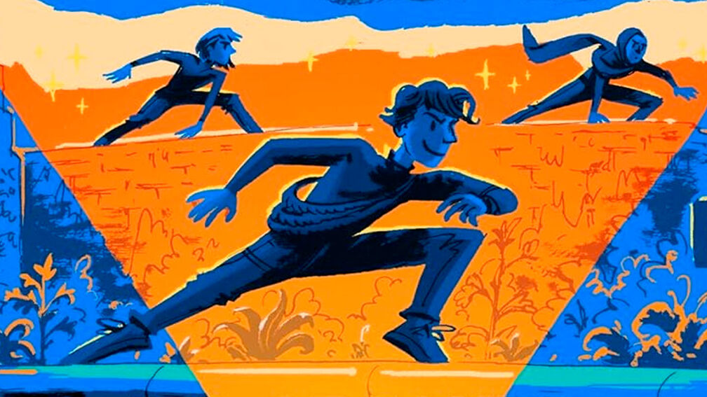 An illustration from the front cover of Crookhaven: The Thieves' Revenge - children running through a spotlight