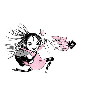 An illustration from the front cover of Isadora Moon Goes to School - a child with fangs wearing a backpack and holding a wand, skipping along with a rabbit holding a briefcase