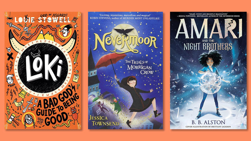 The front covers of Loki: A Bad God's Guide to Being Good, Nevermoor: The Trials of Morrigan Crow, and Amari and the Night Brothers