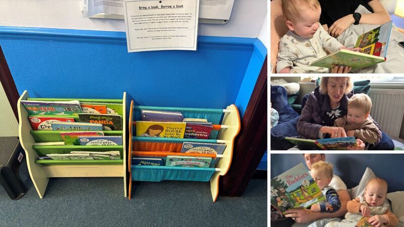 The Bring a Book, Borrow a Book initiative at Teddie Tots Nursery, plus photos of young children enjoying books at home