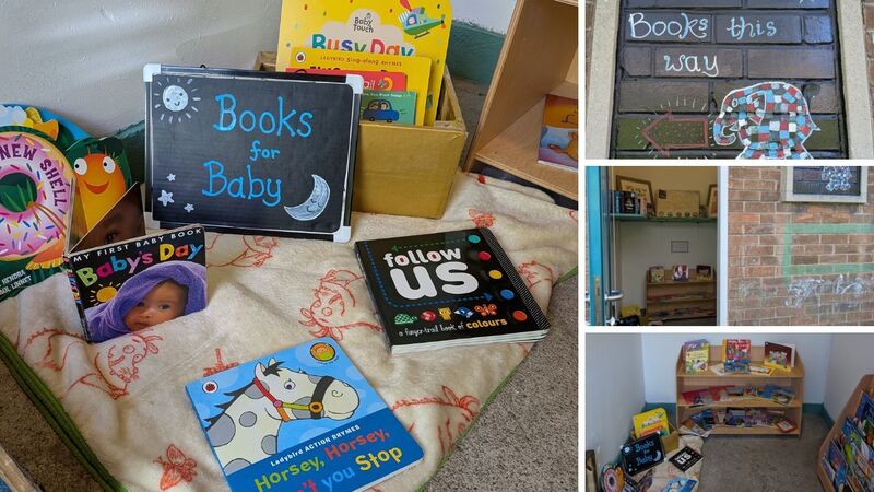 Photos from Ravenwood Nursery, including a display of books for babies, a sign with a drawing of Elmer reading "Books this way", and photos of a storage cupboard that has been transformed into a book space