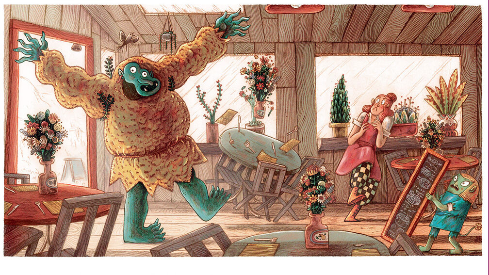 An illustration from The Cafe at the Edge of the Woods, featuring a monster causing havoc in a cafe as tables go flying, a waitress cringes in fear and a smaller creature hides behind a menu board