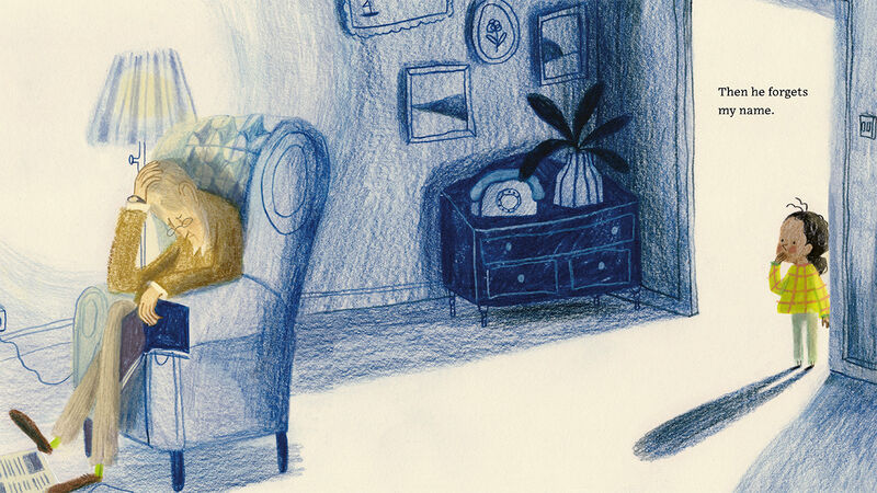 An illustration from Grandad's Star, featuring a child hovering at a doorway looking at an elderly man in an armchair, plus the text: "Then he forgets my name"