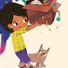 An illustration from the front cover of I'm Going To Make a Friend - a child smiling while holding up a cardboard box marked 'fragile' with lots of items packed into it, watched by a smiling cat