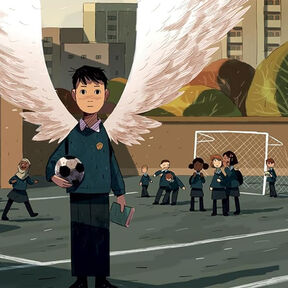 An illustration from the front cover of The Final Year - a child with angel wings standing holding a football with other children on a football pitch in the background