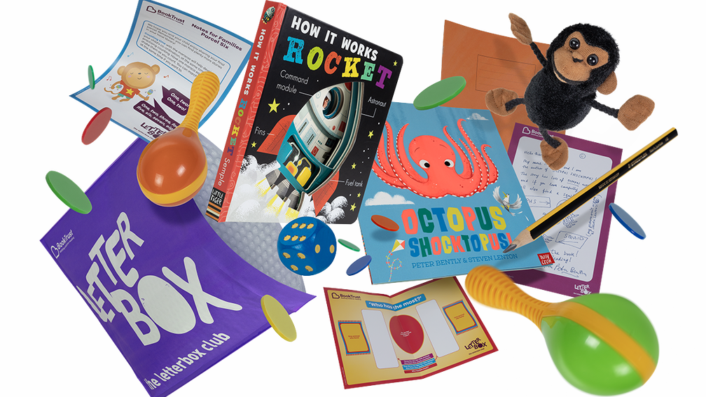 An image showing a selection of books, toys and stickers, coming out of a purple Letterbox Club parcel.