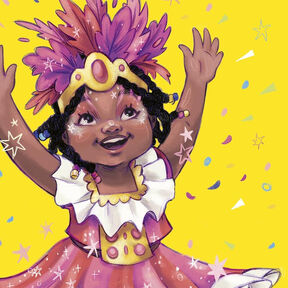 An illustration from the front cover of Carnival Queen - a child in a beautiful carnival outfit, looking to the sky and smiling while raising her hands in the air