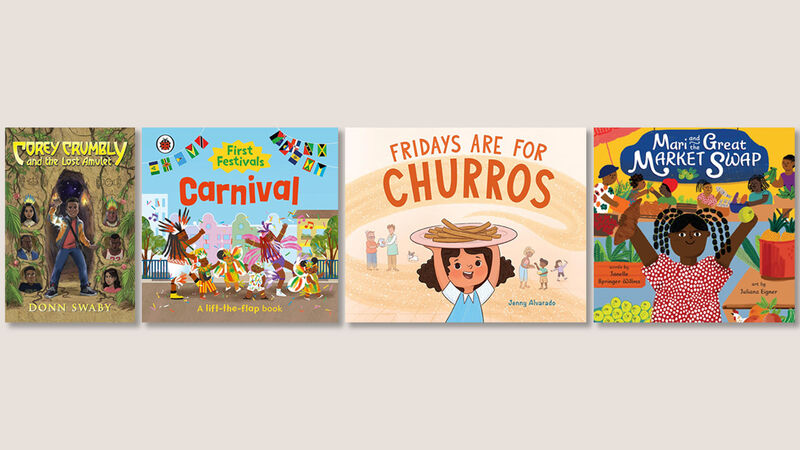 The front covers of Corey Crumbly and the Lost Amulet, First Festivals: Carnival, Fridays Are For Churros, and Mari and the Great Market Swap