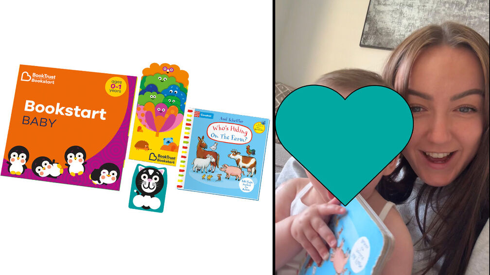 The Bookstart Baby pack Gemma received, and a photo of Gemma and daughter Eden with the book