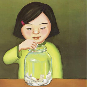 An illustration from the front cover of The Name Jar - a girl putting a piece of paper into a jar, which already holds several other slips of paper