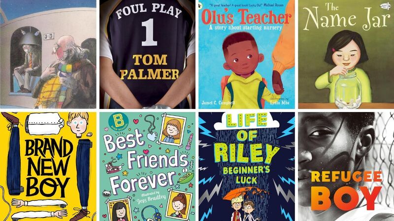 The front covers of Mr Browser and the Brian Sharpeners, Foul Play, Olu's Teacher, The Name Jar, Brand New Boy, Best Friends Forever, Life of Riley: Beginner's Luck, and Refugee Boy