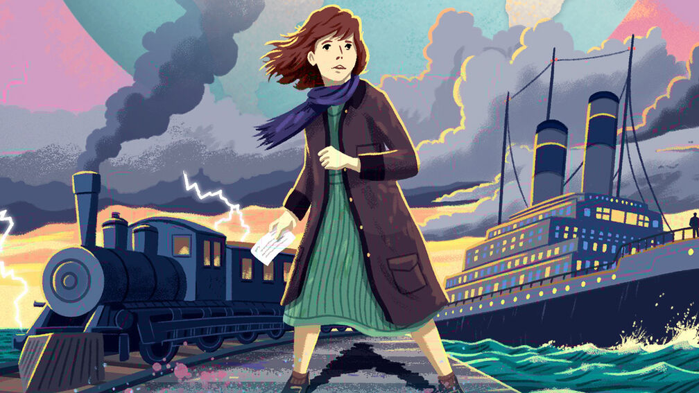 An illustration from the front cover of The Girl Who Raced the World - a girl holding a letter with a steam train on one side of her and a ship on the other; dramatic clouds are in the sky above and her scarf and hair fly in the wind