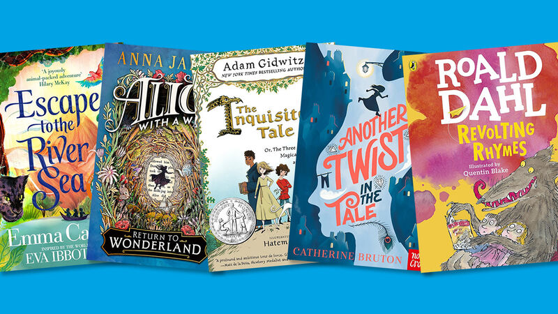 The front covers of Escape to the River Sea, Alice With a Why, The Inquisitor's Tale, Another Twist in the Tale, and Revolting Rhymes