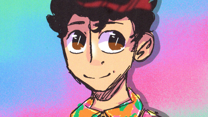 A colourful cartoon drawing of a man (Chip Colquhoun) drawn by a girl