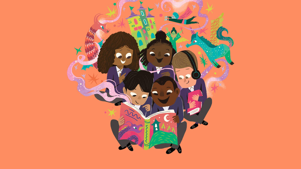 An illustration of a group of children in school uniform crowded round a book looking happy and excited as buildings, creatures and other magical illustrations swirl around them