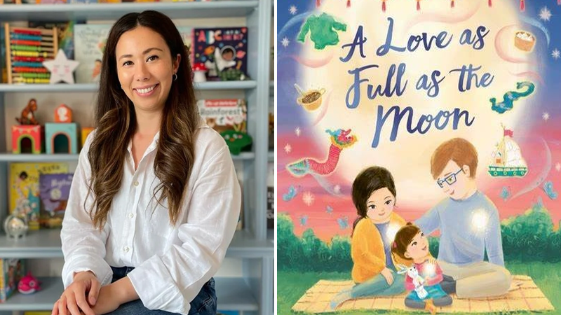 Lucy Tandon Copp (person) sitting on a chair in front of shelves with books next to an image of book cover entitled 'A Love as Full as the Moon'