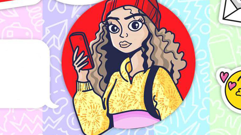 An illustration from the front cover of Cringe Club of a girl in a hat holding a red phone, surrounded by symbols including an envelope, a speech bubble, and an emoji with hearts