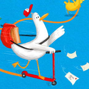 An illustration from the front cover of Duck Delivers - a duck looking slightly alarmed while riding a scooter and wearing a backpack; letters are flying about nearby while the duck's baseball cap is flying in the air