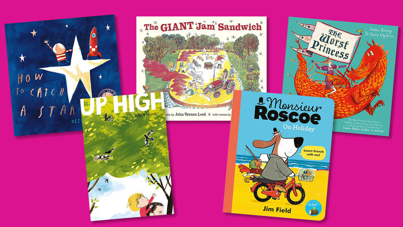 The front covers of How To Catch a Star, Up High, The Giant Jam Sandwich, Monsieur Roscoe on Holiday, and The Worst Princess