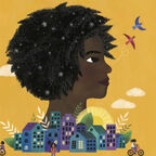 An illustration of a child surrounded by buildings, looking up into the sky at some birds, from the front cover of This Is Not A Small Voice