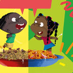 An illustration from the front cover of My Rice is Best - two children happily arguing over two different kinds of rice below them