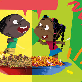 An illustration from the front cover of My Rice is Best - two children happily arguing over two different kinds of rice below them