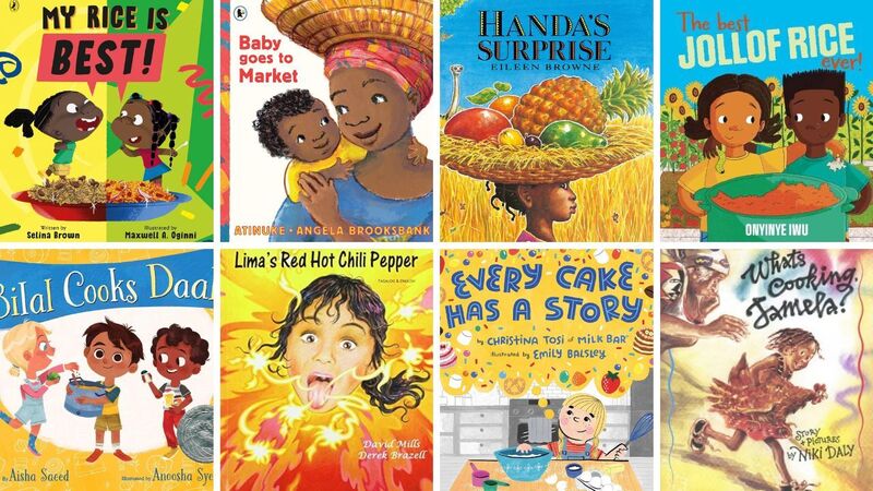 The front covers of My Rice Is Best, Baby Goes to Market, Handa's Surprise, The Best Jollof Rice Ever, Bilal Cooks Daal, Lima's Red Hot Chilli Pepper, Every Cake Has a Story, and What's Cooking Jamela