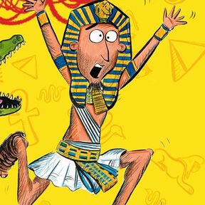 An illustration from the front cover of Totally Chaotic History: Ancient Egypt Gets Unruly! - a pharaoh running in fear