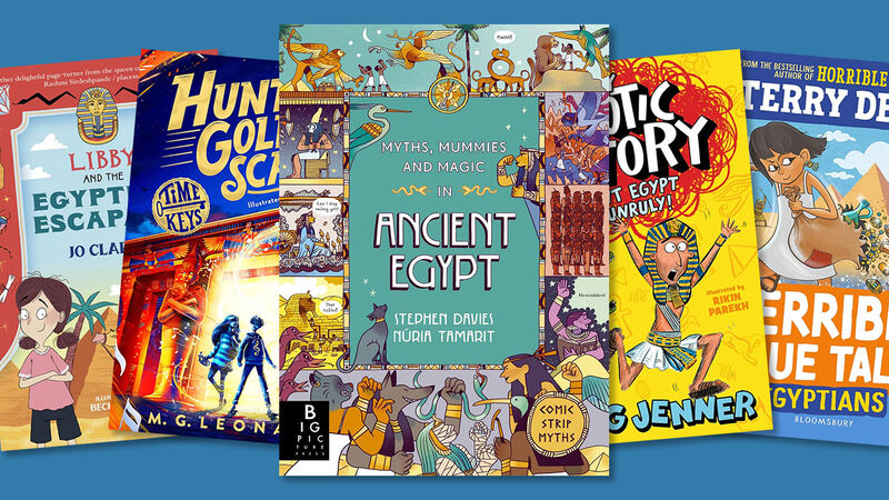 The front covers of Libby and the Egyptian Escapade; The Hunt for the Golden Scarab; Myths, Mummies and Magic in Ancient Egypt; Totally Chaotic History: Ancient Egypt Gets Unruly; and Terrible True Tales: Egyptians