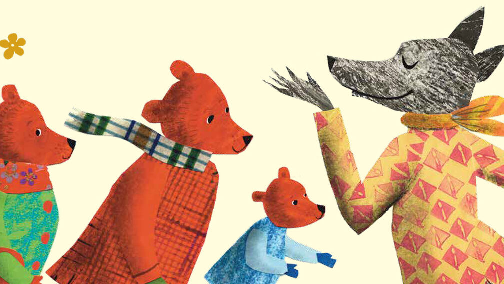 An illustration from the front cover of My Book of Classic Nursery Tales - a family of three bears and a wolf