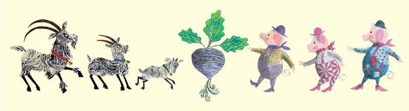 Illustrations of three goats, a turnip, and three pigs from the front cover of My Book of Nursery Tales