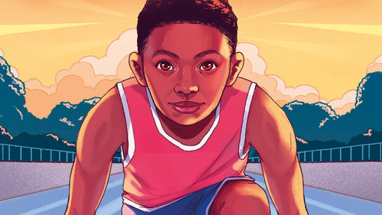 An illustration from the front cover of Running My Own Race - a child in a running vest in the starting position on a race track