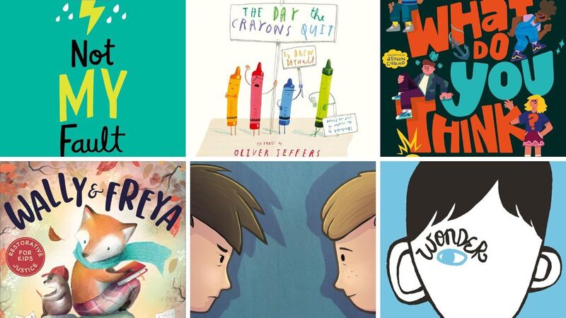 The front covers of Not My Fault, The Day the Crayons Quit, What Do You Think, Wally & Freya, What Are You Staring At, and Wonder