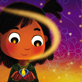 An illustration from the front cover of Binny's Diwali - a child holding a diya as a light emerges from it and swirls around them
