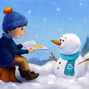 An illustration of a boy reading a story to a smiling snowman