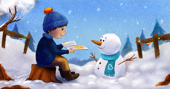 An illustration of a boy reading a story to a smiling snowman